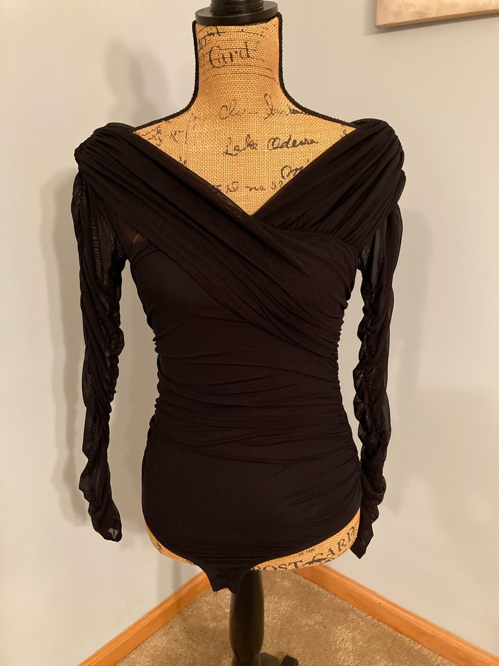 Guess Black Off-Shoulder Sheer Ruched Bodysuit Women Size Small
